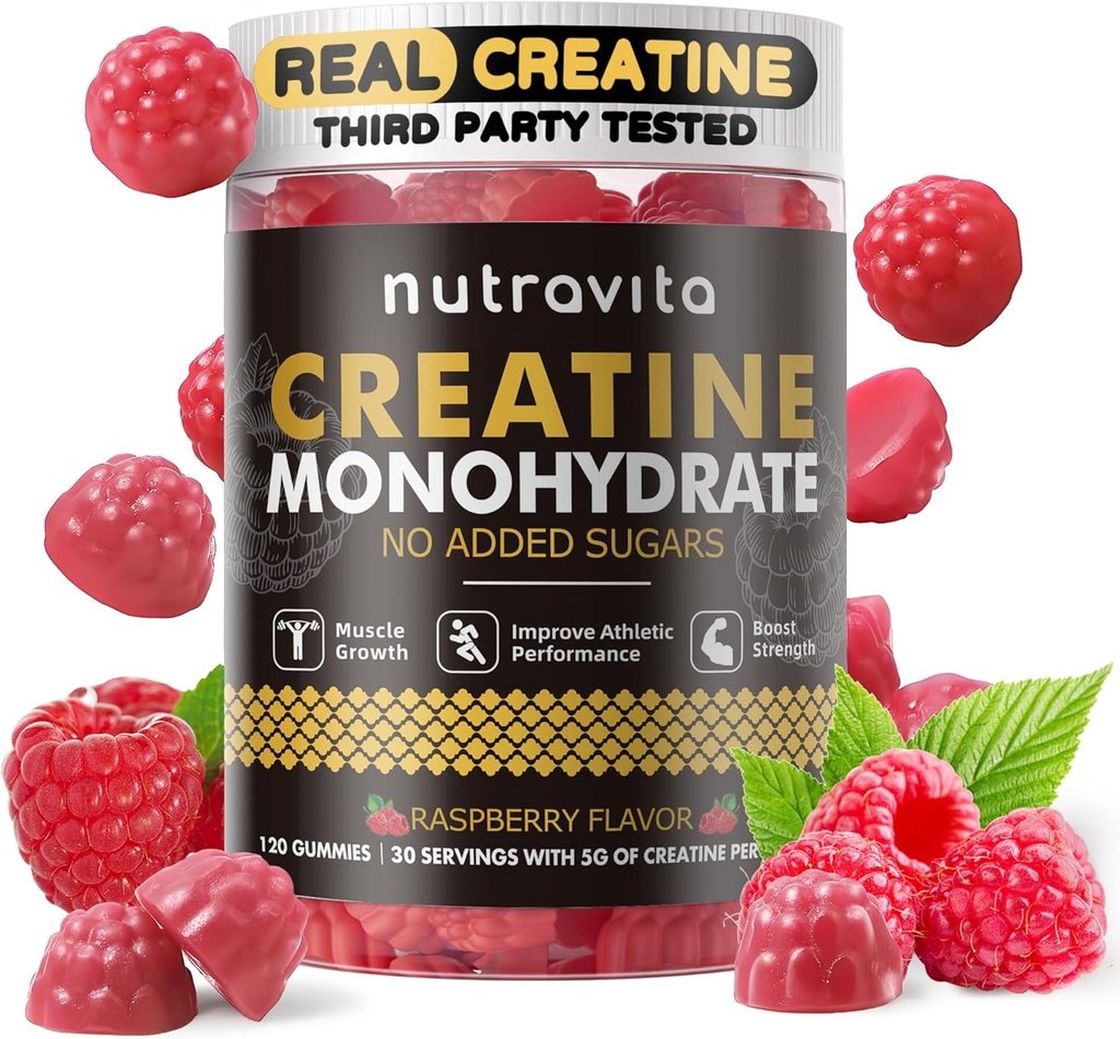 Nutravita Monohydrate de créatine Gommies pour les hommes et les femmes-5g de créatine Monohydrate par service - Sans sucre, Vegan, Arôme de framboise, 120 Comte