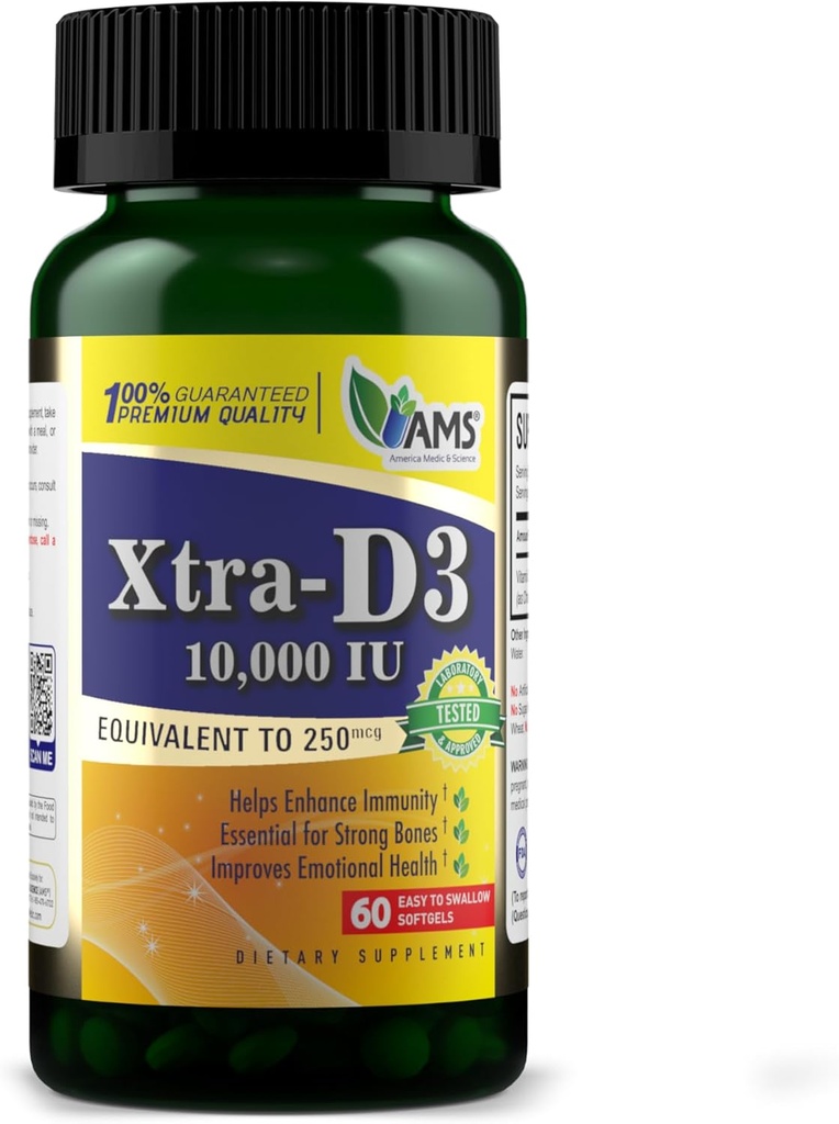Amerika Medic & Science Xtra D3 Vitamin D 10.000 IU (250 mcg) Cholecalciferol Supplement für Männer & Frauen (60 leicht zu schlucken Softgels) Best für Knochen, Herzgesundheit, Immunsystemunterstützung, Lung Function