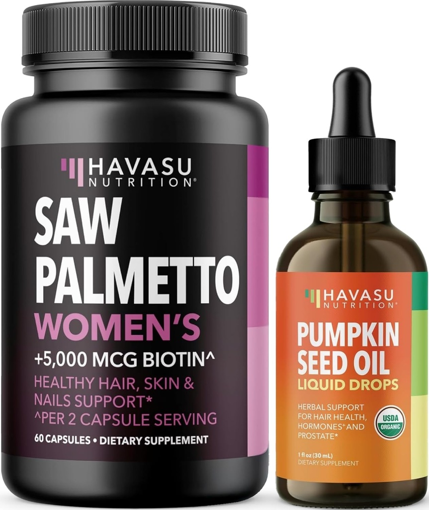 NUTRITION HAVASU USDA Huile de graines de citrouille biologique gouttes (60 portions) et Palmetto de scie pour complexe capillaire féminin (30 portions)