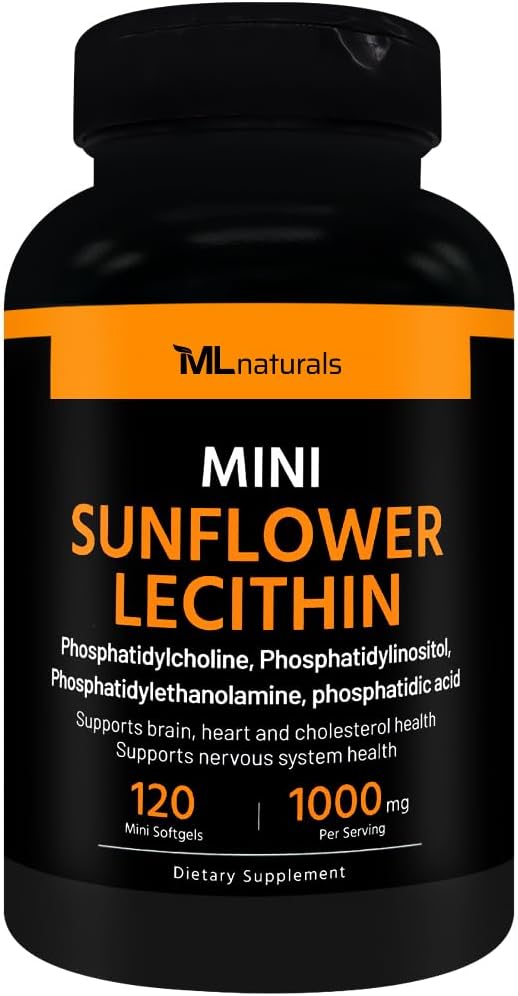 ML Naturals Mini Sunflower Lecithin 1000 mg 120 Softgels, leicht zu schwalben, unterstützt Gehirngesundheit. Nicht-GVO, NSF-zertifiziert und cGMP-konform