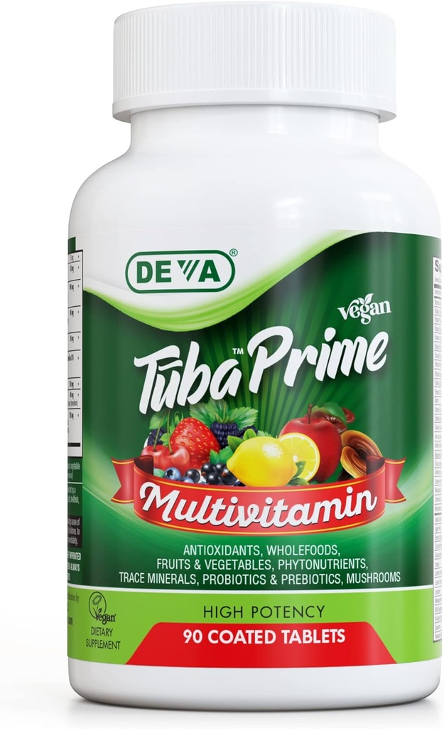 DEVA Tuba Prime Végétalien Multivitamine - supplément alimentaire riche en vitamines et minéraux - Antioxydants, mélange de fruits et de légumes, super champignons, probiotiques, prébiotiques, graines, herbes - 90 comprimés