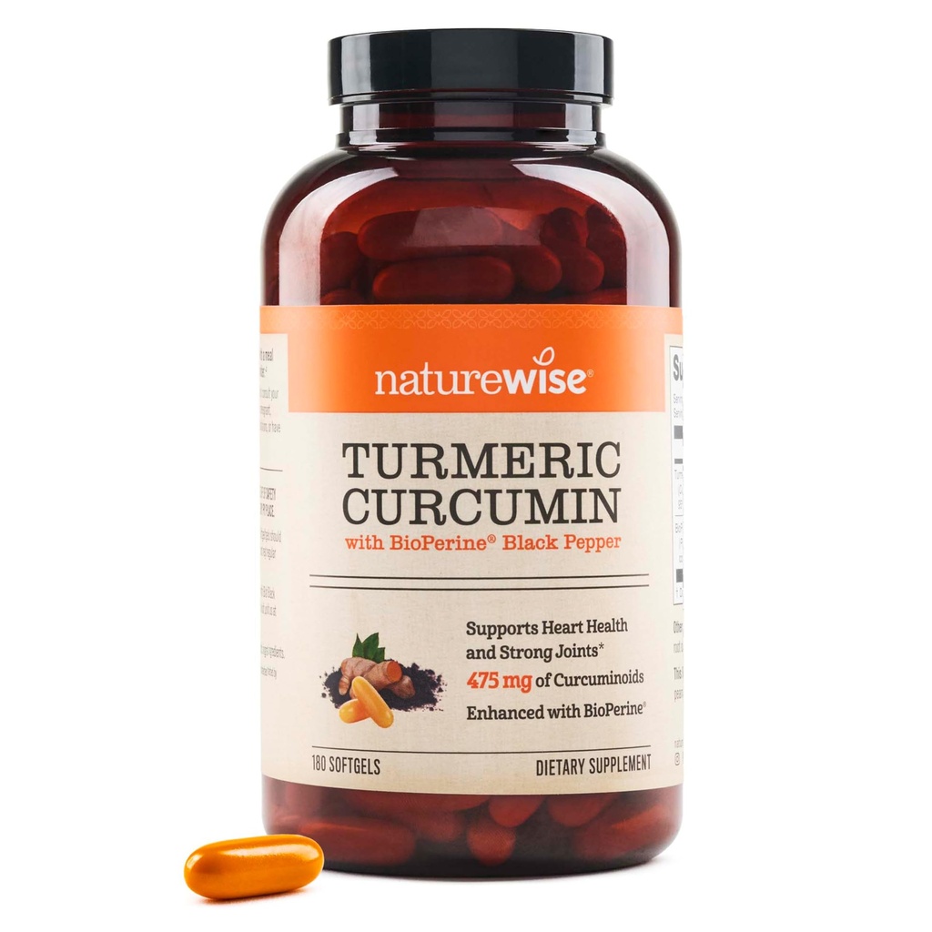 NatureWise Turmeric Curcumin 500mg mit schwarzen Pfeffer Softgelen - Extra Strength, Enhanced Absorption - 95% Curcuminoids & BioPerine für Immununterstützung - Glutenfrei, Non-GMO - 180 Count[6-Month Supply]