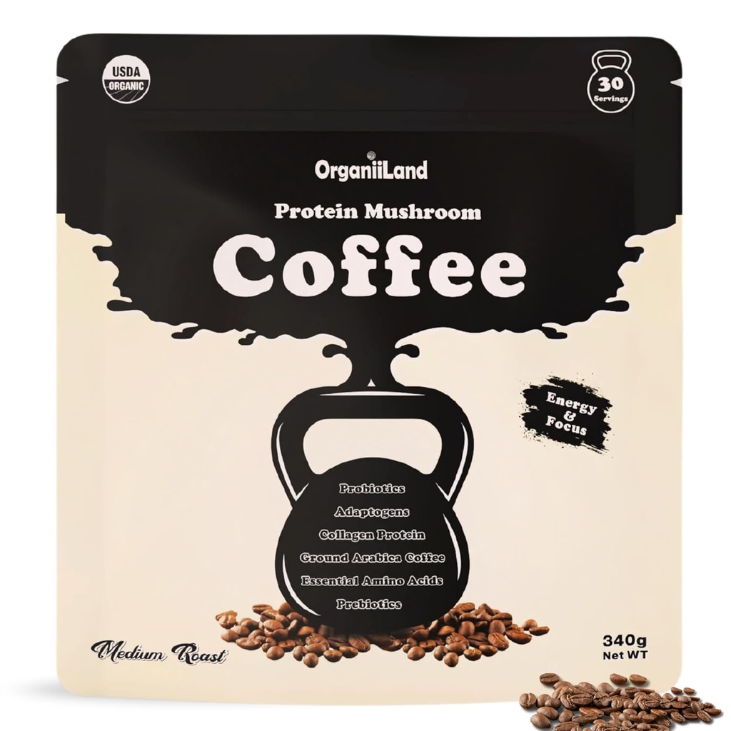 Protein Pilz Kaffee von OrganiiLand | Boden Kaffee mit Collagen, Lion's Mane, Chaga, Türkei Tail, Reishi, Maitake, L-Theanine | Fokus, Energie, Immunität, und Verdauung | 30 Servierungen