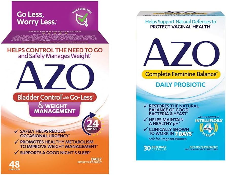 AZO Bladder Control avec Go-Less® & Weight Management Complément alimentaire et probiotiques quotidiens complets d'équilibre féminin pour les femmes, cliniquement prouvés pour aider à protéger