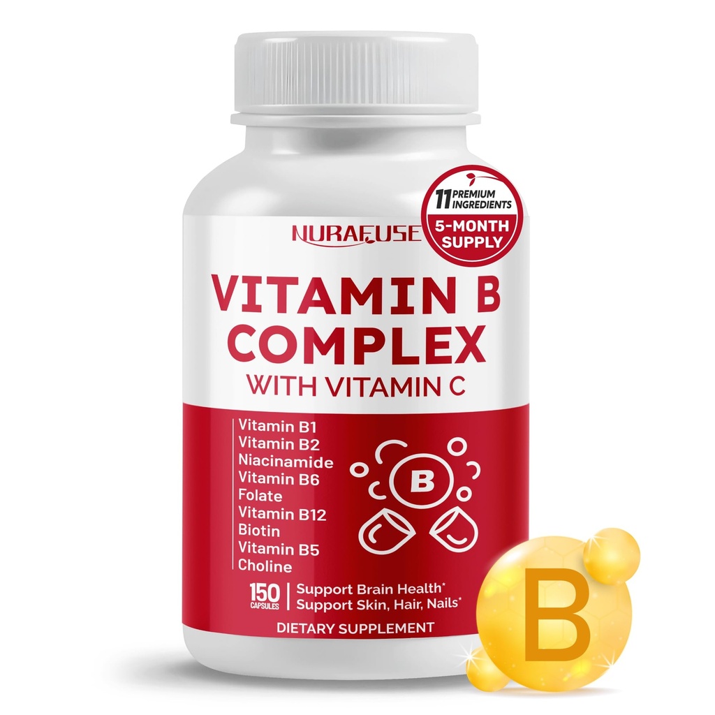 Vitamin B Komplex Vitamin B1, B2, 6,9,12 Niacin, mit Vitamin C - Unterstützung der Gesundheit des Gehirns, Energieniveaus, Haut, Haare und Nägel