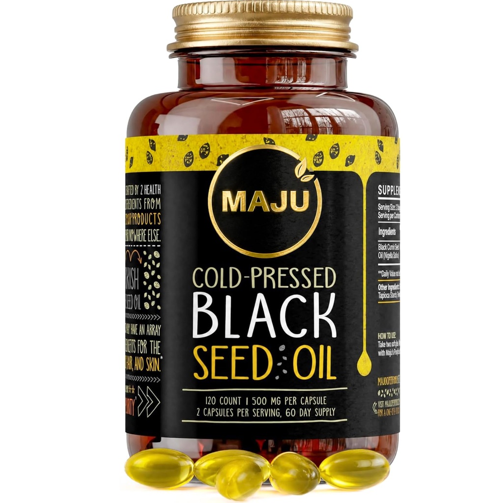 Maju Superfoods Black Seed Oil Capsules, Strong Cold Pressed, 2% Thymoquinone, 100% Türkisch Black Cumin Nigella Sativa Seed Oil, Organic BSO, Liquid Blackseed, 120 Count, 500mg pro Kapsel