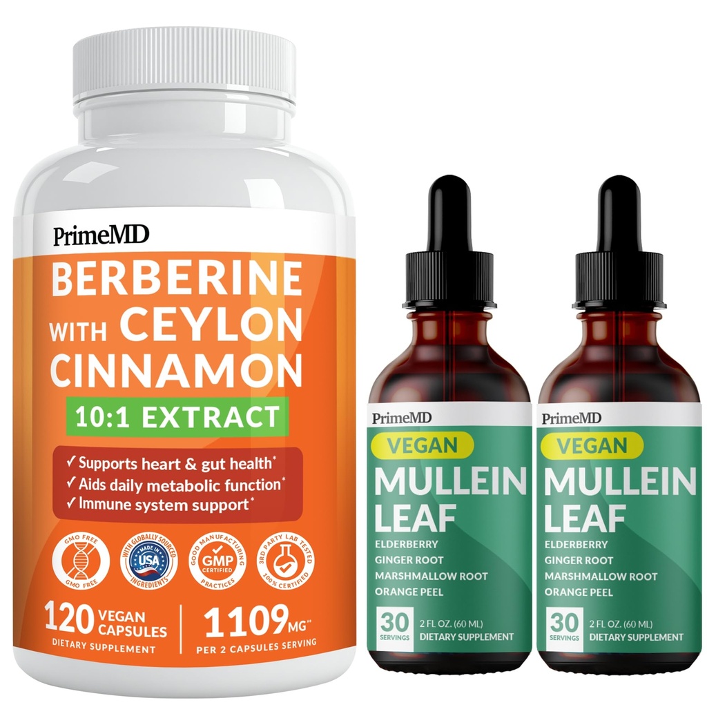 21-in-1 Berberine-Ergänzung mit Ceylon Cinnamon Chrom, Bitter Melon und Grüner Teeextrakt (120 ct) & 5-in-1 Mullein Tropfen für Lunge und Respiratory Lung Health & Bronchial Support (60 Servietten)