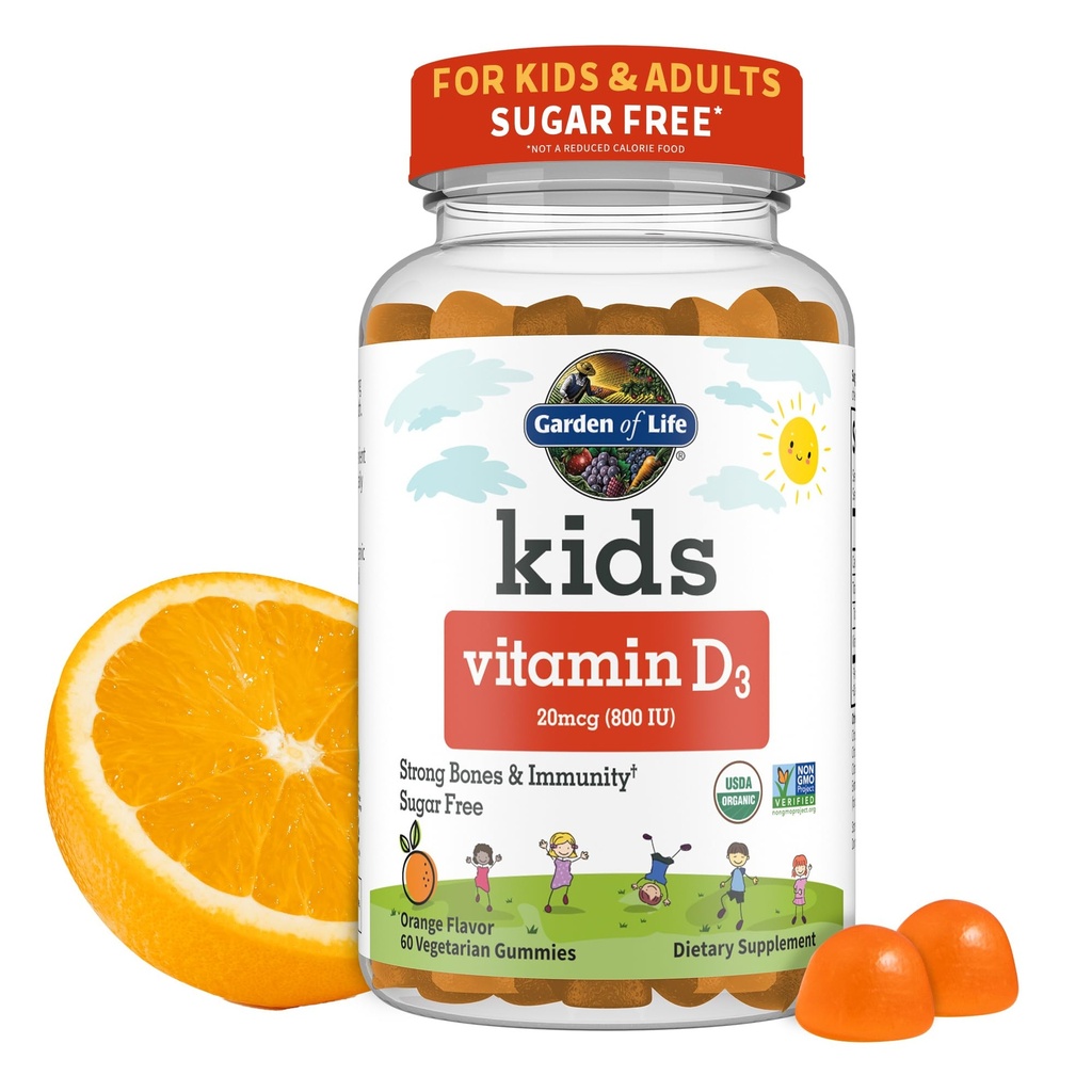 Garten des Lebens Kinder Bio Vitamin D3 Gummi mit 800 IU (100% täglicher Wert) für starke Knochen, Zähne, Gehirn &amp; Immunität – Non-GMO, keine Gluten, Vegetarisch, Zuckerfrei, Orange Flavor, 60 Servierungen