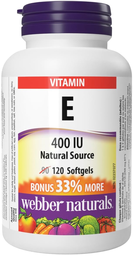 Webber Naturals Vitamine E Source naturelle Softgel, 400 UI-120 Softgels