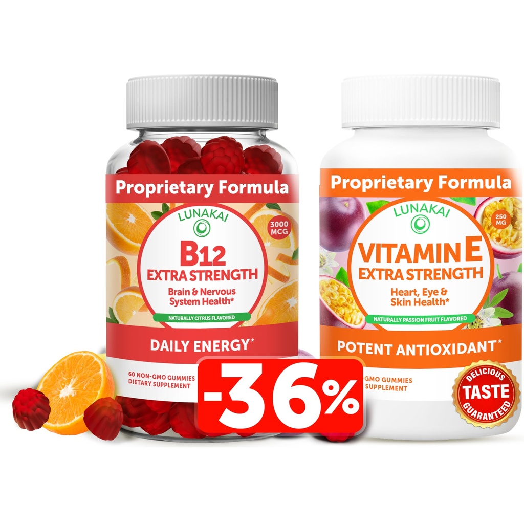 Lunakai Vitamin B12 und Vitamin E Gummie Bundle - 3000 mcg Gummi für Erwachsene Energieunterstützung und Knochengesundheit - 250 mg 1000 iu natürliche VIT E Plus C Ergänzungen