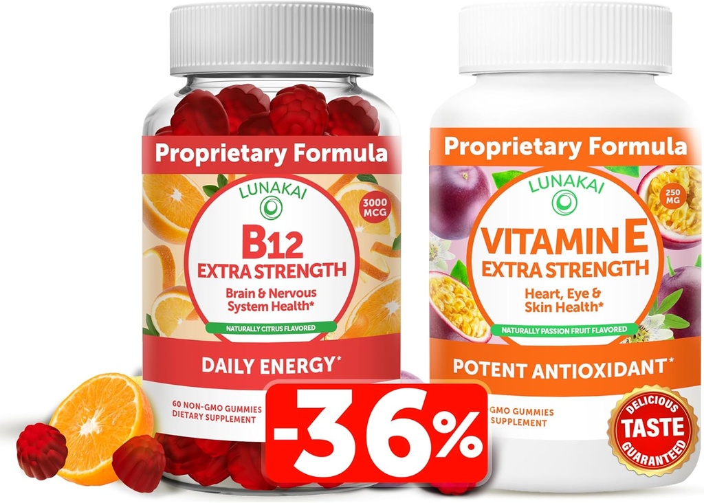 Lunakai Vitamin B12 und Vitamin E Gummie Bundle - 3000 mcg Gummi für Erwachsene Energieunterstützung und Knochengesundheit - 250 mg 1000 iu natürliche VIT E Plus C Ergänzungen
