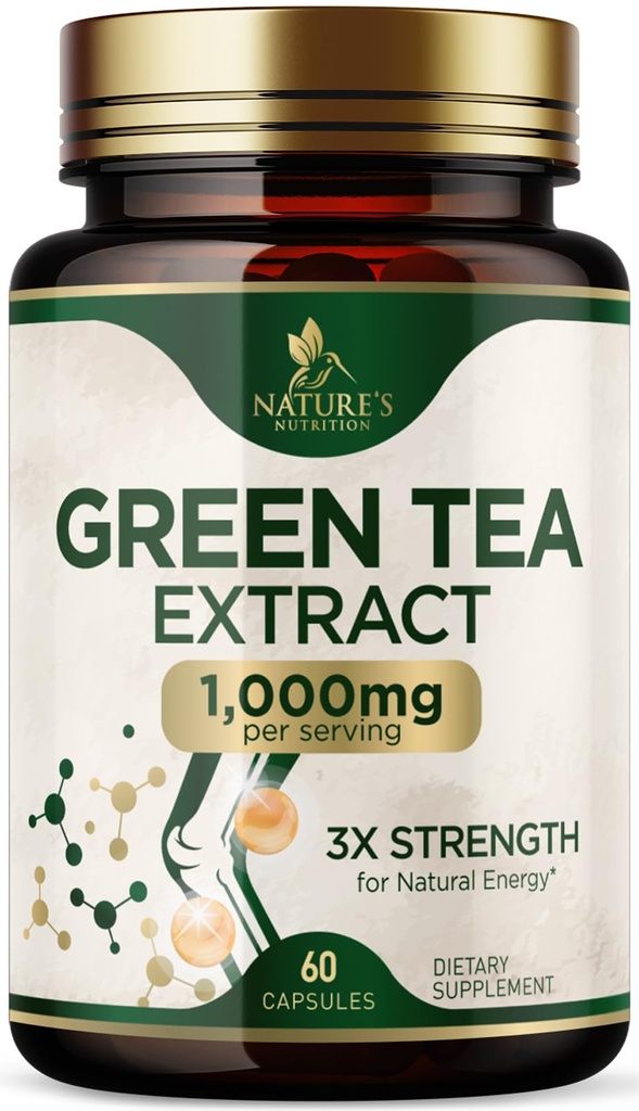 Grüner Tee Extrakt Kapseln 1000 mg - Standardisiert 45% EGCG & 98% Polyphenole - 3X Stärke Grüner Tee Pillen für natürliche Energie - Unterstützt Herzgesundheit, Kräuterergänzung, Vegan, Non-GMO - 60 Kapseln
