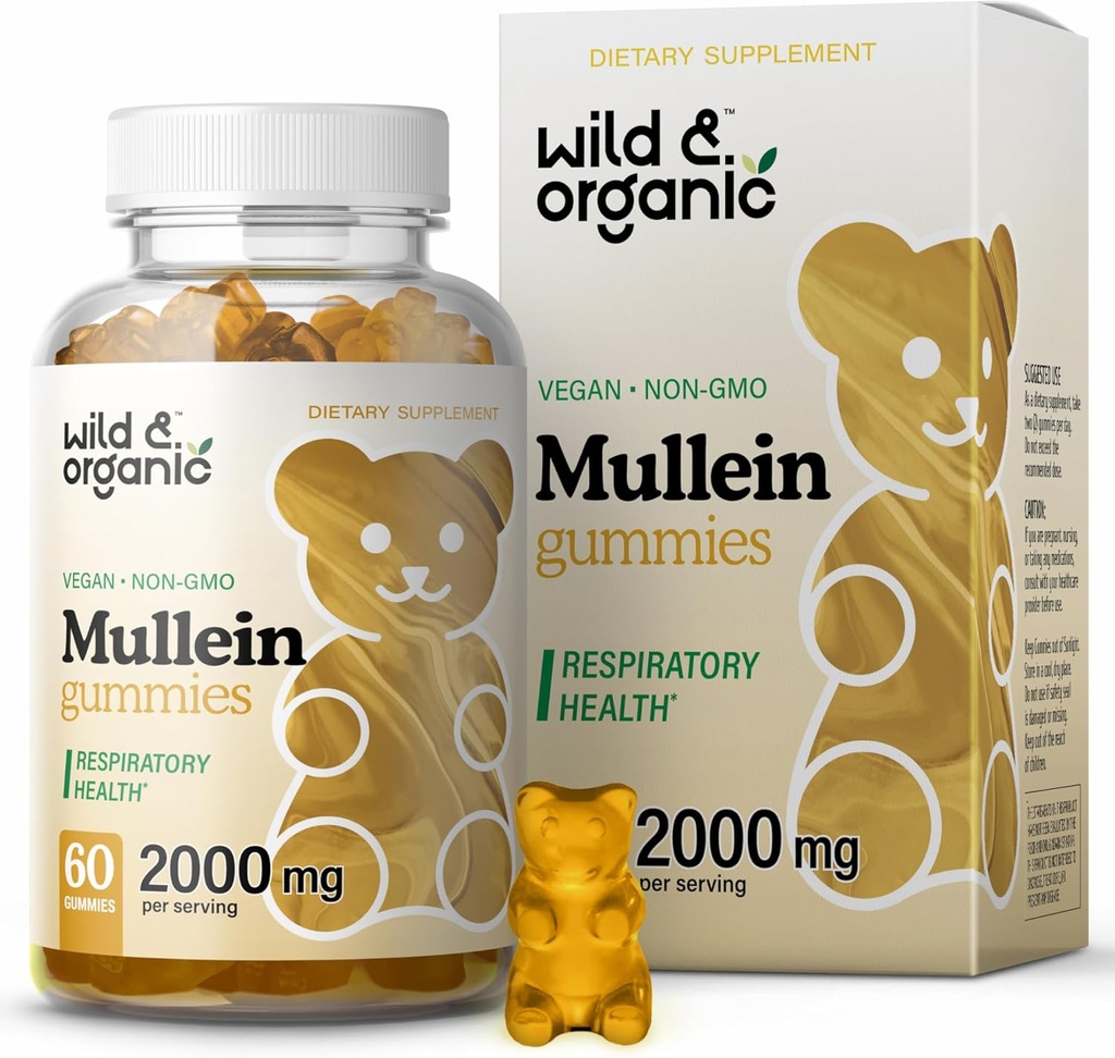 Gommies de Mullein sauvages et biologiques pour les poumons 2000mg - Détox pulmonaire et nettoyage - Gommies de feuille de Mullein végétalien pour le soutien immunitaire - 60 Extraits de plantes non OGM