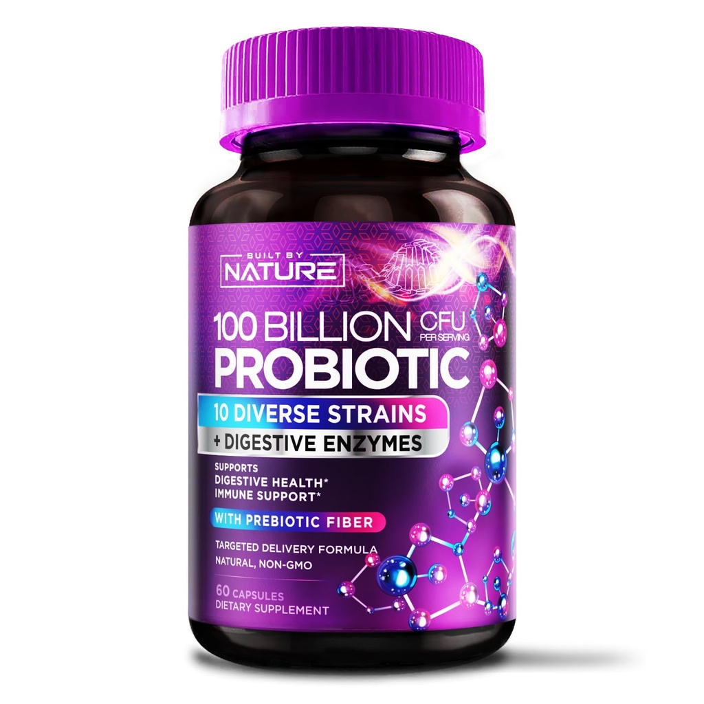 100 Million CFU Probiotique - Supplément quotidien de santé digestif pour les hommes et les femmes - Lactobacillus acidophilus, Bifidobacterium et prébiotiques - Non-OGM, sans gluten et sans produits laitiers, plateau-stable - 60 capsules