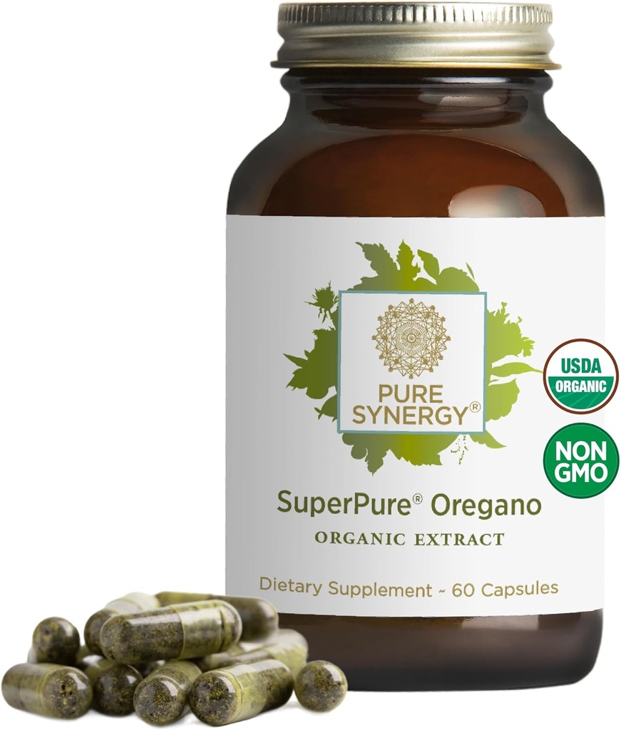 PURE SYNERGY SuperPure Oregano Extrakt | Oregano Öl Extrakt Kapseln | Organische Öl- und Blattzusatz | für Immun-, Verdauungs- und Atemgesundheit (60 Kapseln)