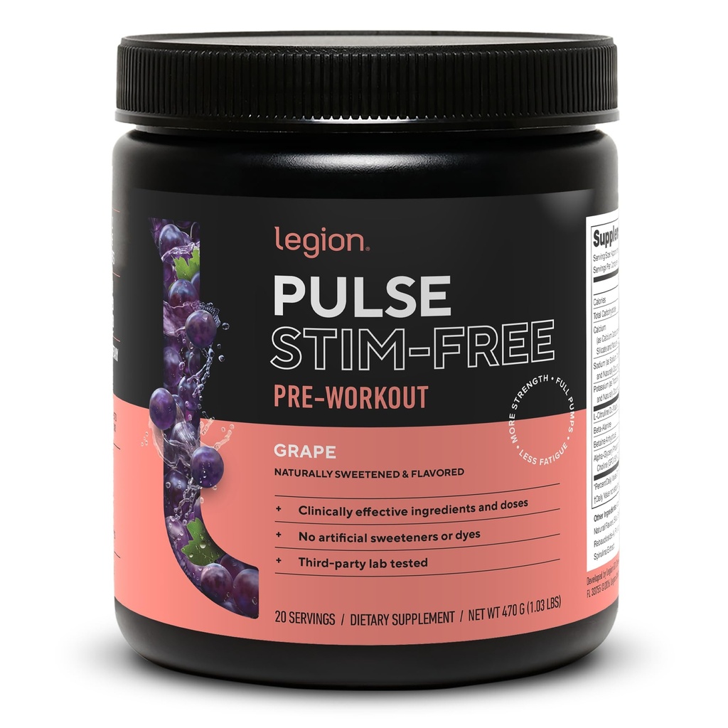 LEGION Pulse Pre Workout Supplement - Alle natürlichen Nitric Oxide Preworkout Trinken, um Energie zu steigern, Kreatin frei, natürlich gesüßt, Beta Alanine, Citrulline, Alpha GPC (Koffeinfreier Trauben)