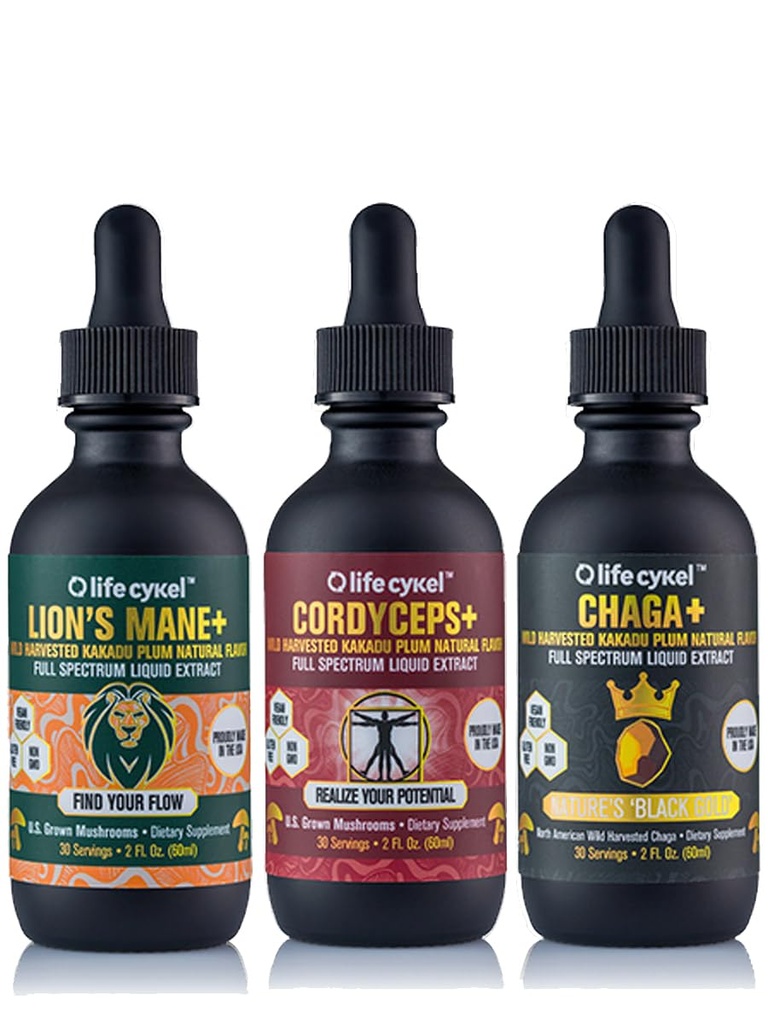 Leben Cykel Dies ist It Pack - Chaga, Lion's Mane & Cordyceps Pilzextrakt - Full-Spectrum Mushroom Tincture for Energy, Mental Clarity & Immune Support - Vegan, Non-GMO- 2Fl/Oz Per Bottle