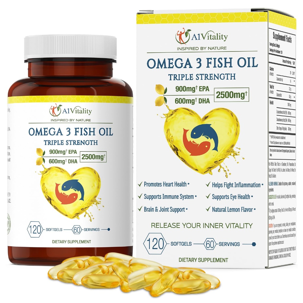 Omega 3 Triple Strength EPA Supplément DHA - 2500mg Huile de poisson sans Burpless au citron - Haute puissance 900mg EPA 600mg DHA soutient la circulation, le cerveau, le coeur, les yeux, la peau, les os et les articulations - 120 Softgels
