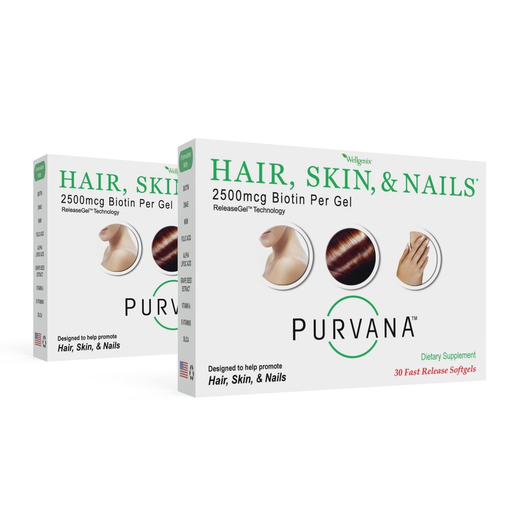 Wellgenix Purvana Vitamine des cheveux, de la peau et des ongles - Softgels pour une absorption élevée - Biotine double résistance de 2500mcg, VIT A & B (30 comtes) (paquet de 2)