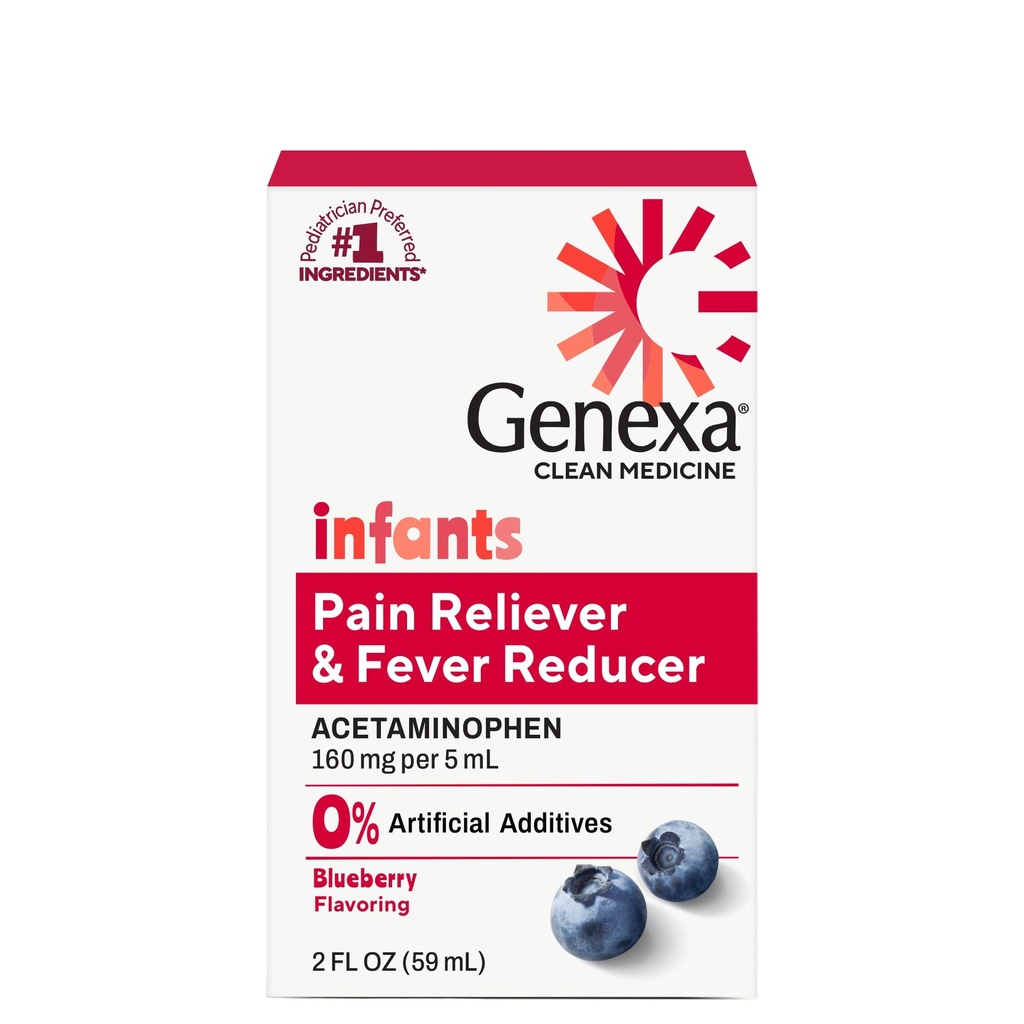 Genexa Infants' Clean Acetaminophen | Pediatrician Bevorzugte Inhaltsstoffe | Pain Reliever & Fever Reducer für Babys | Dye Free, 0% Künstliche Zusatzstoffe | Delicious Organic Blueberry Flavor, 2 fl oz
