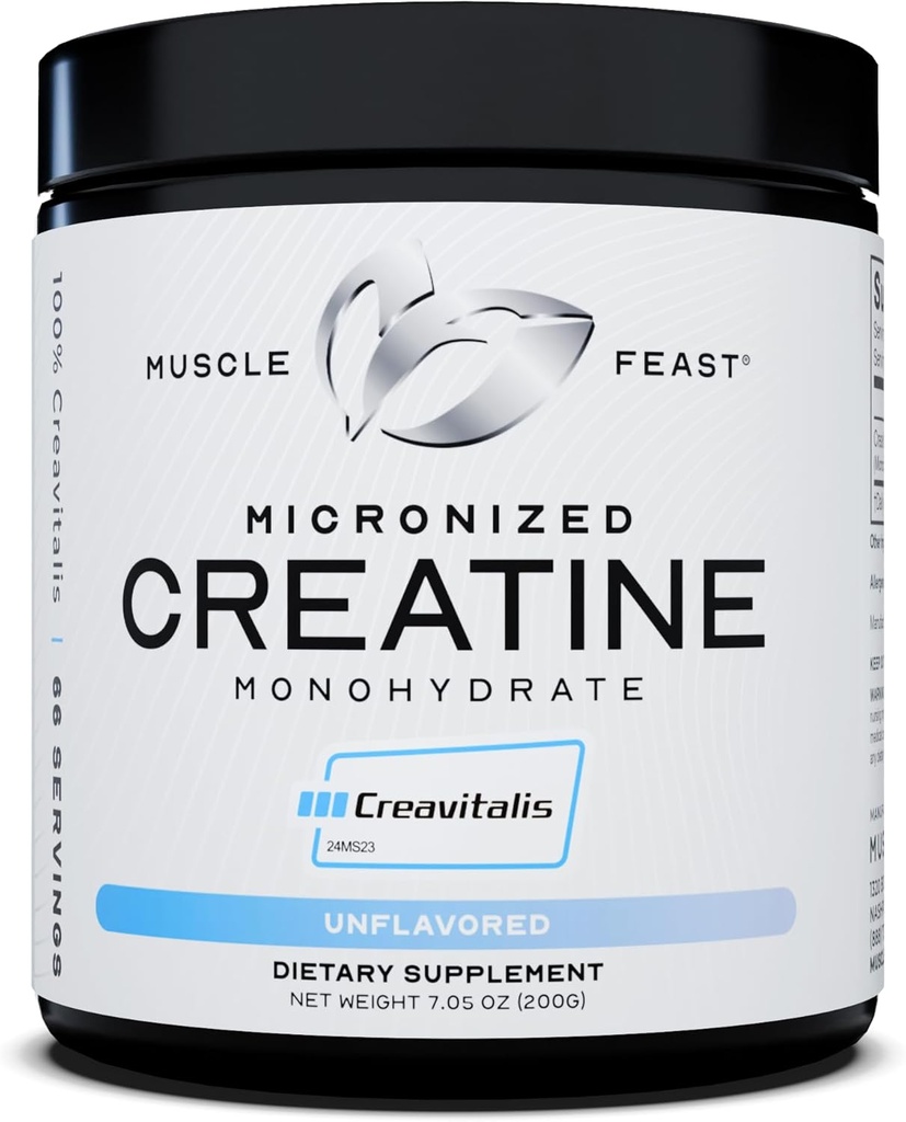 Créavitalis de la fée musculaire Poudre micronisée monohydratée de la créatine de pré-entraînement ou de post-entraînement Premium Facile à mélanger, sans gluten, sans danger et pur, certifié Kosher (200g) 66 portions, non aromatisé