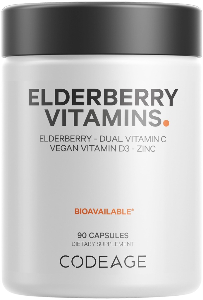 Codeage Elderberry Vitamine - Organic Fermented Elderberry Blend, Vitamin C von Ascorbic Acid & Organic Acerola Kirschen, Vitamin D3, Zink, Sambucus Beeren - 90 Kapseln