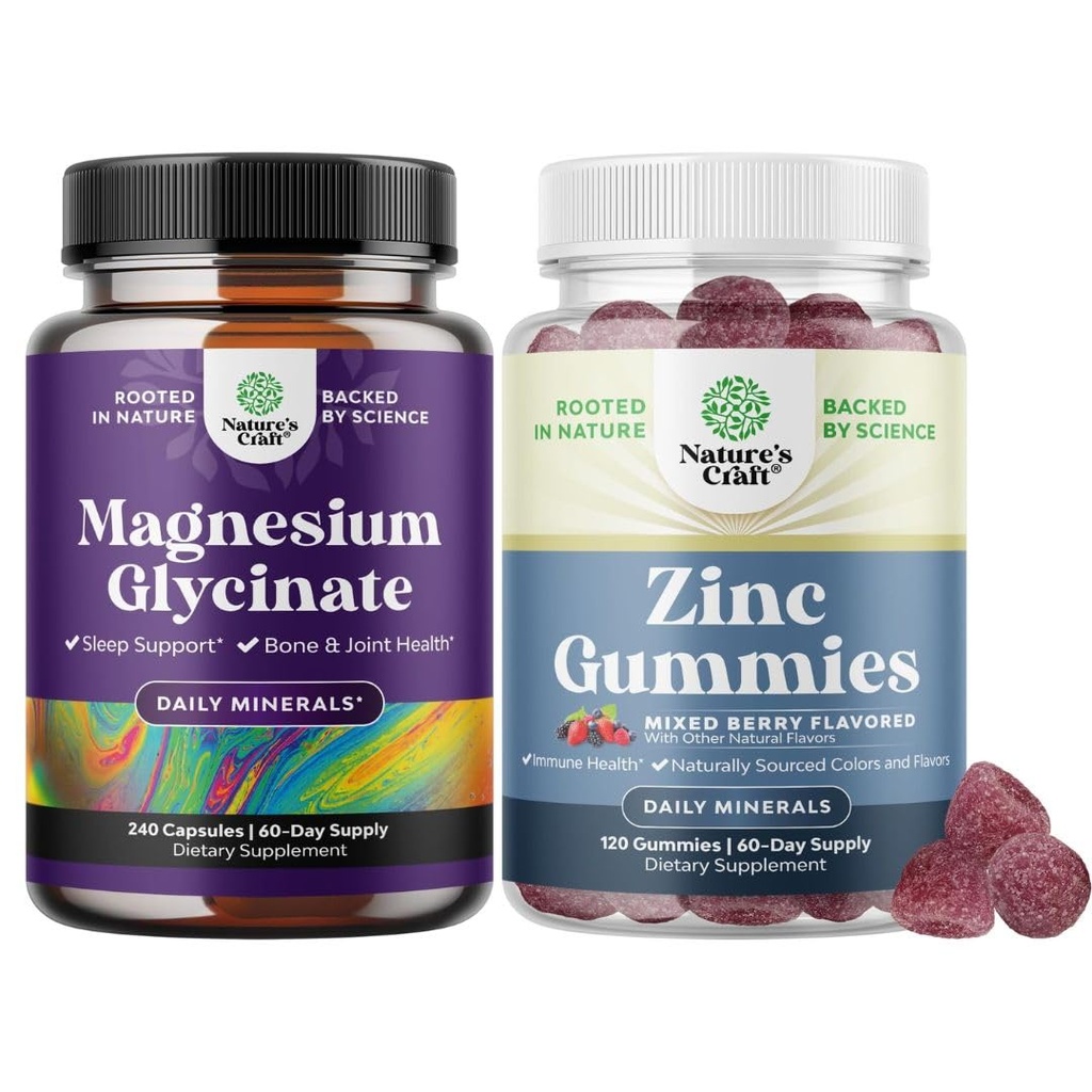 Ensemble de Glycinat de Magnésium pur 400mg par portion pour le sommeil d'humeur et la relaxation 240ct et Gommies de zinc extra-fort pour adultes - Gommies d'immunité pour adultes
