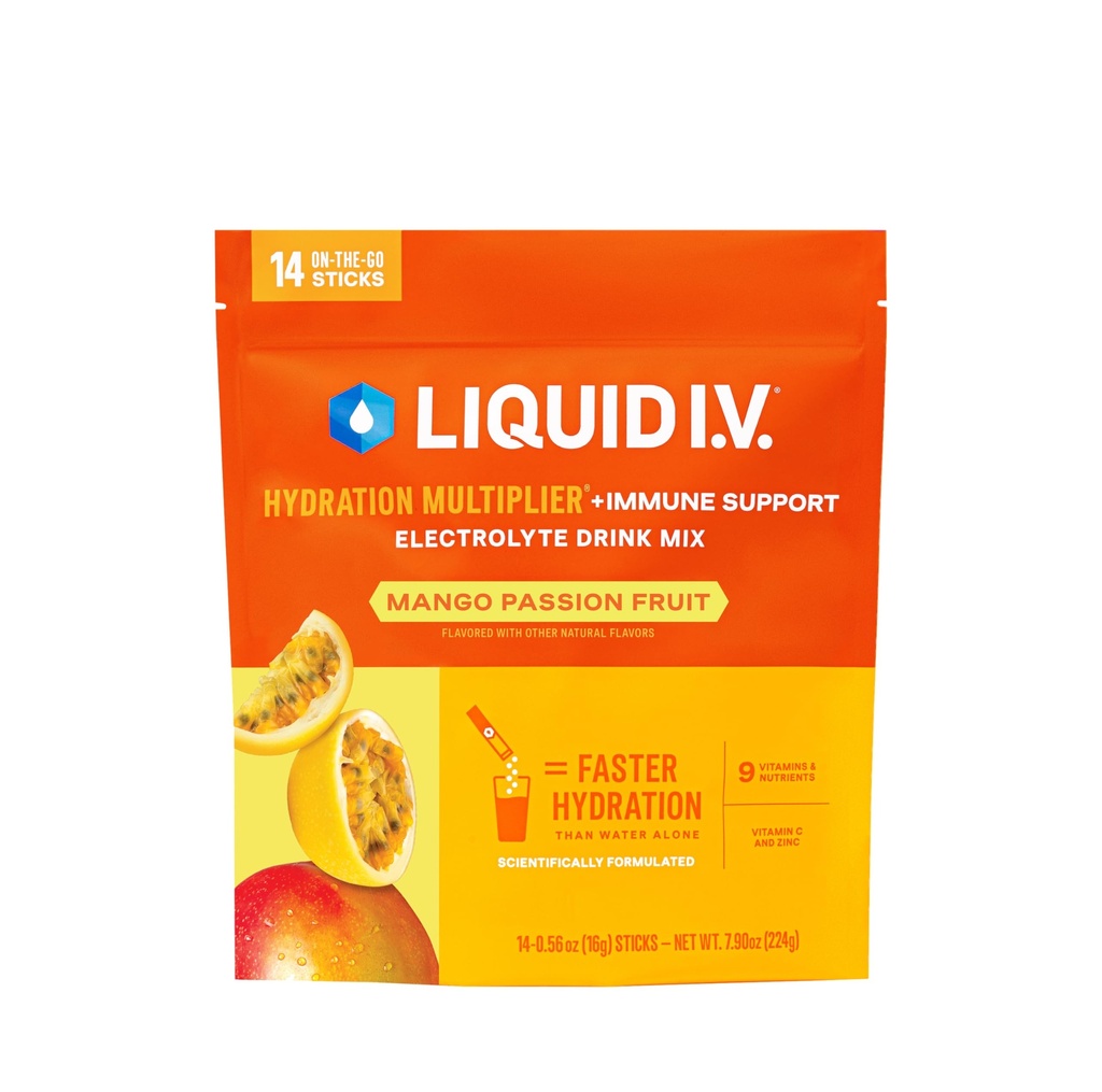 Liquid I.V.® Multiplieur d'hydratation +Immune Support - Mango Passionfruit , Mélange de poudre d'électrolyte 1 Pack (14 portions)