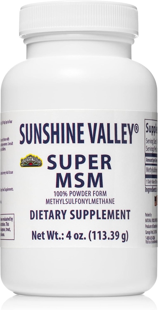 Sunshine Valley® Super MSM Supplement - Methylsulfonylmethan MSM Kristalle Pulver für Gelenkunterstützung, Nägel, Haar- und Hautgesundheit - 100% reines Pulver, entflammt, Nahrungsergänzung - 4 oz