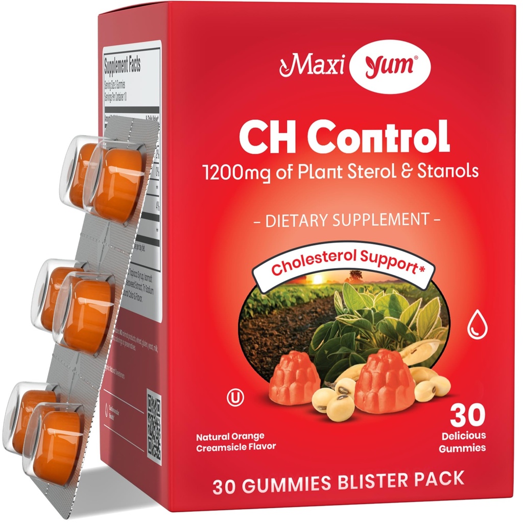 Maxi Health Cholesterin-Gummi für Erwachsene – 1200 mg Pflanzen Sterole und Stanols-Ergänzungen – Kosher und Glutenfreie gesünde Cholesterin-Ergänzungen – Orange Flavor-Gummien (30 Zähler)
