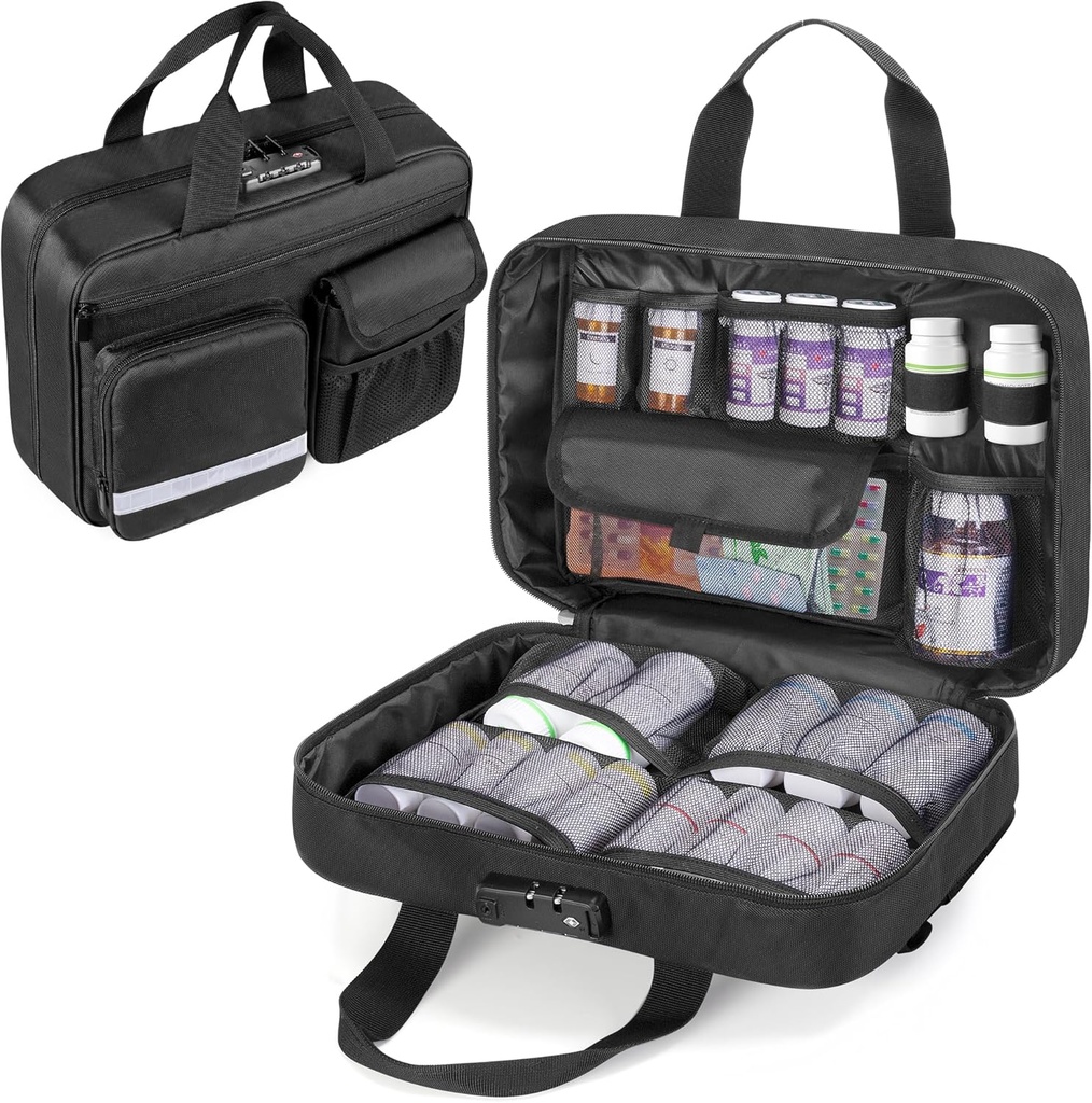 Damero Schließung Pill Bottle Organizer, Medizin Aufbewahrung Tasche Medication Organizer Reise Tragetasche für große Pillen Flaschen, Medikamente und medizinische Versorgung, Schwarz