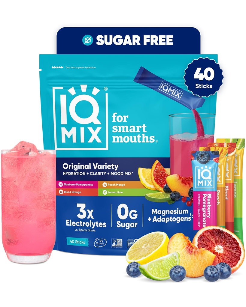 IQMIX Hydration Elektrolyt-Pulver – 4-in-1 Formel für Hydration, Psychische Klarheit, Stimmung und Erholung – Sugar-Free Drink Mix, Keto, Magnesium L-Threonate, Lion’s Mane – 40 Count Variety Pack