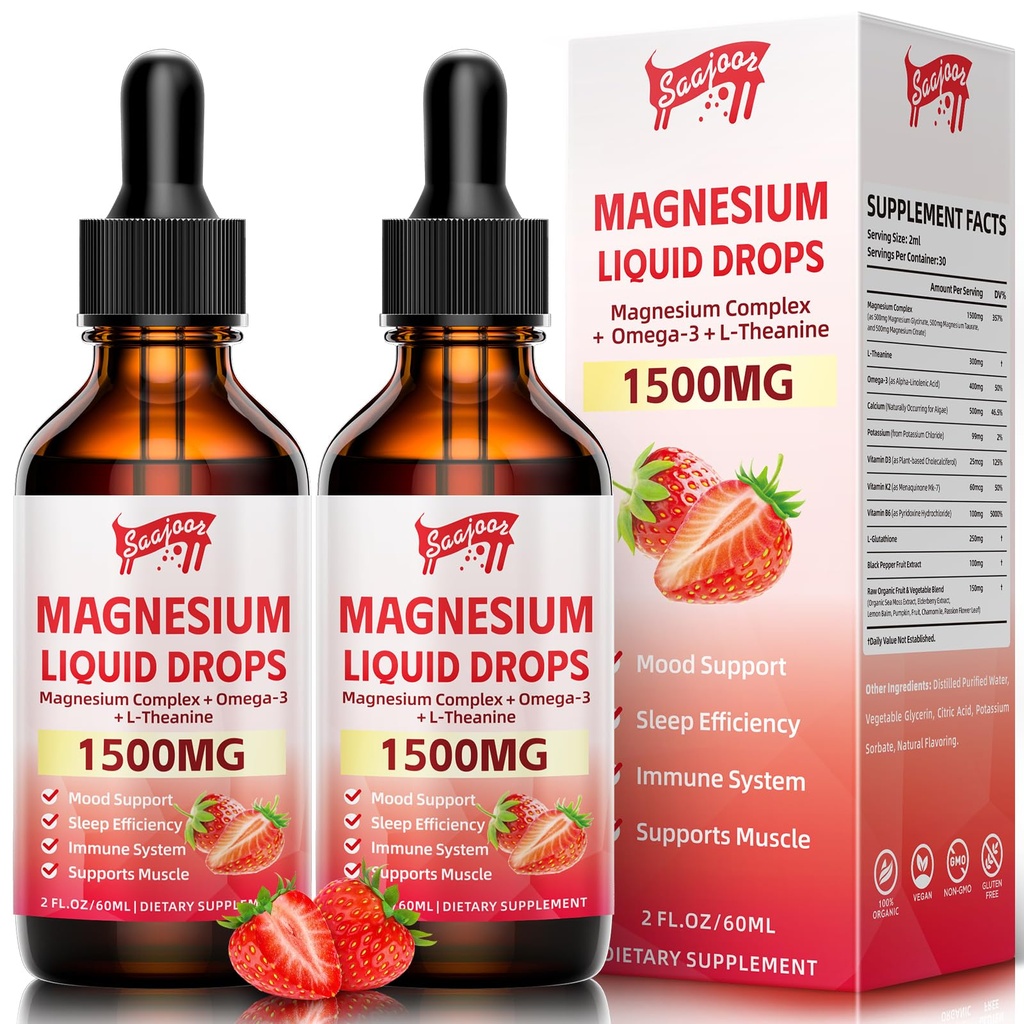 2 paquets de gouttes liquides de glycinate de magnésium, 1500mg de supplément liquide de magnésium avec vitamine B6, D3, L - Theanine, Oméga3, Nuit de soutien, Muscle, Os, Mood, Fraise Flavor - 4 Fl Oz (120ml)