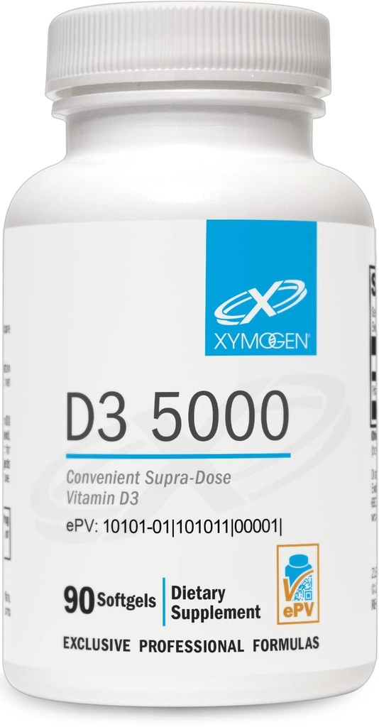 XYMOGEN D3 5000 - Bioverfügbares Vitamin D3 5000 IU (125 mcg) - Hohe Potenz Vitamin D Ergänzung zur Immungesundheit, Knochen + Herzgesundheit (90 Gelatin Softgels)