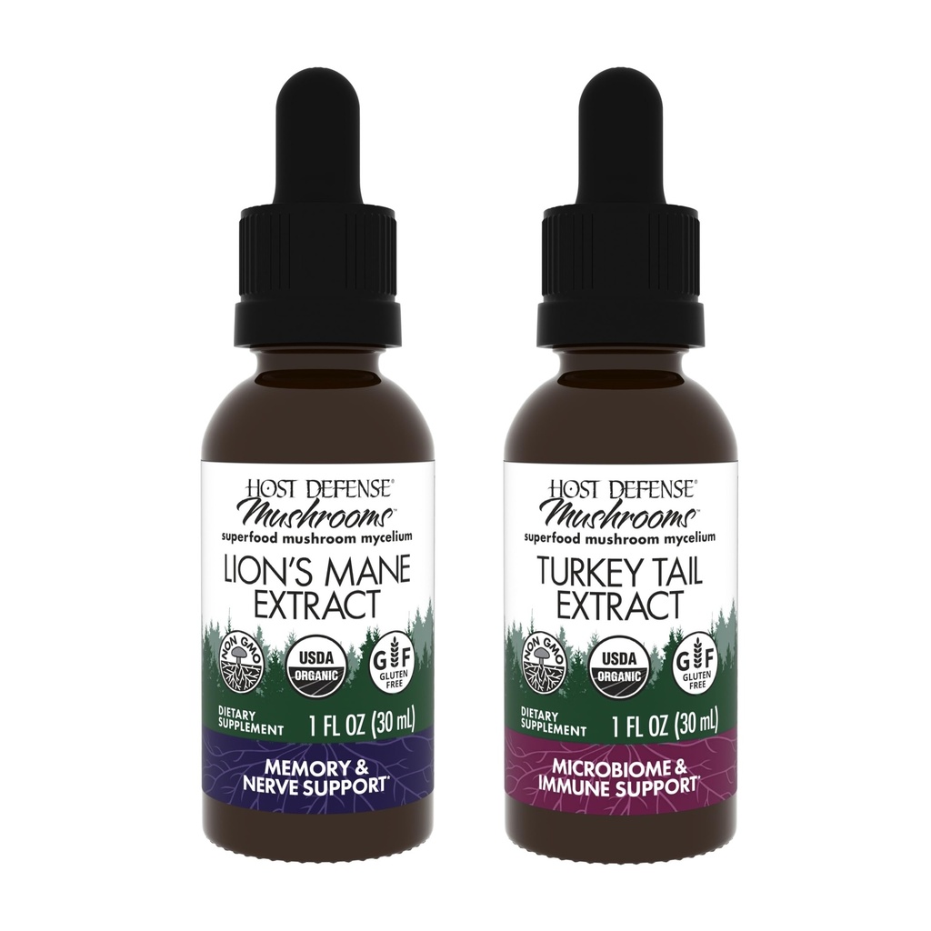 Host Defense Bundle with Lion's Mane Extract, 1 fl oz & Turkey Tail Extract, 1 fl oz - Soutien Cerveau Santé, Mémoire et Focus - Soutien Digestion santé et réponse immunitaire*