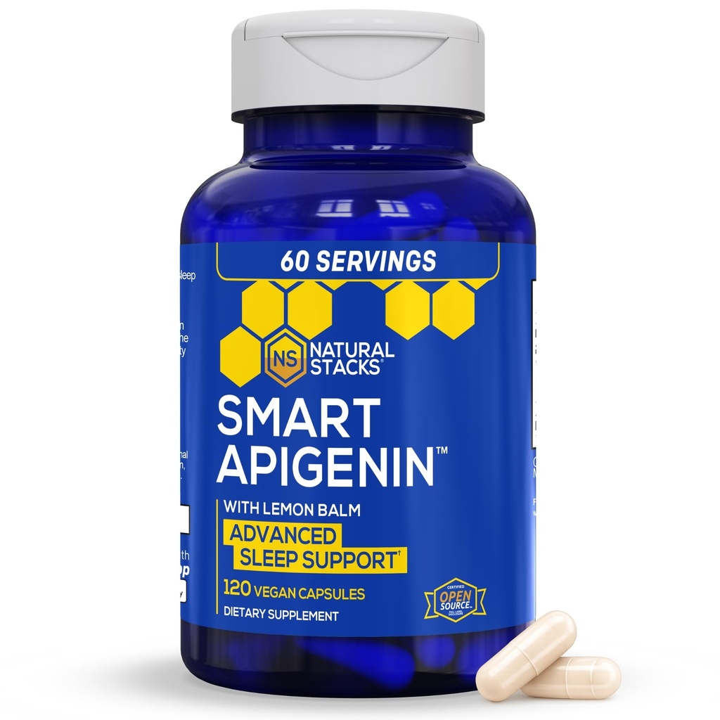 NATURAL STACKS Apigenin Ergänzung für Schlaf - 50mg Apigenin & 600mg Lemon Balm - Melatonin kostenlose Schlafhilfe - mit Passion Blumen Extrakt für Stress Support* - 120 Zitronen Balsam Kapseln