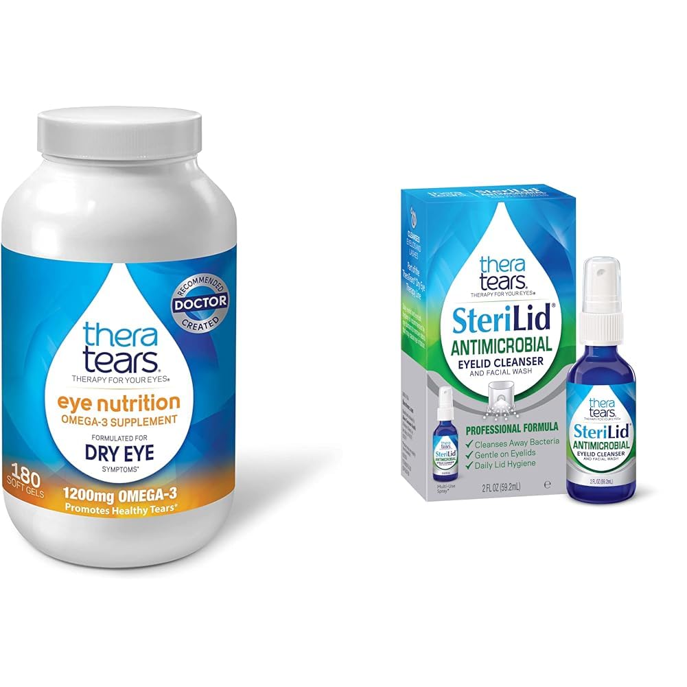 TheraTears 1200mg Omega 3 Supplement für Augenernährung, Bio Flaxseed Triglycerid Fischöl und Vitamin E, 180 Count & SteriLid Eyelid Cleanser und Gesichtswäsche, für Irritated Eyes, 2 fl oz Spray