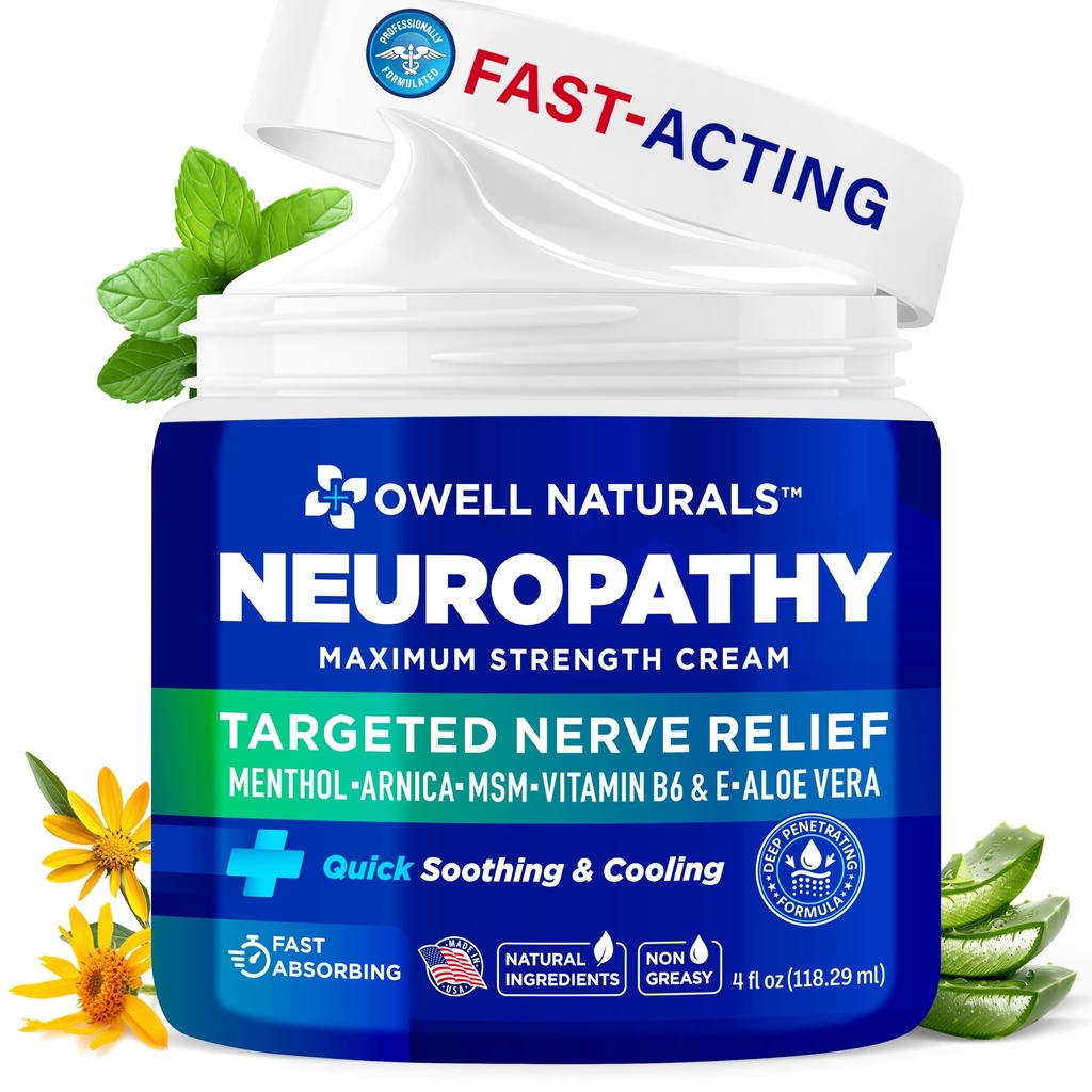 OWELL NATURALS Neuropathie Creme Extra Stärke Nerve Reliefcreme für Fuß, Hände, Beine, Zehen mit Arnica, Vitamin B6, Aloe Vera, MSM - Made in USA