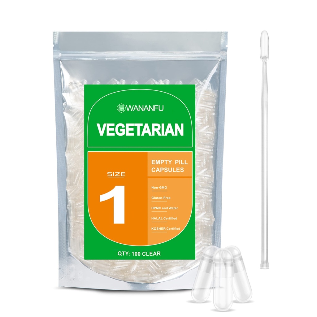 wananfu Größe 1 Leere Kapseln Vegetarisch (100 Zähler) Bundle mit Micro Lab Spoon, Klare füllbare Veggie Pillen Kapseln Größe 1 für die Herstellung Ihrer eigenen Ergänzungen