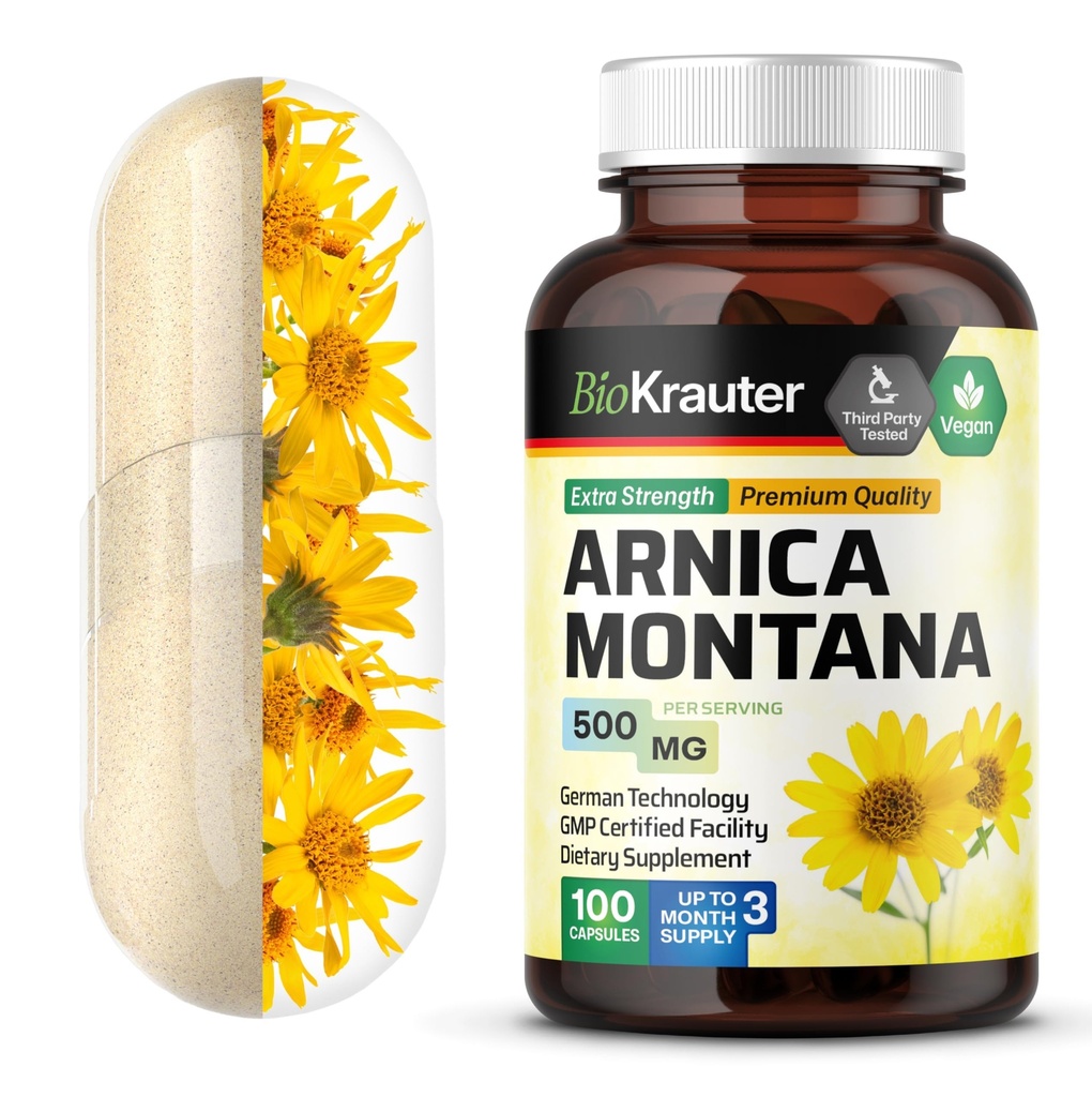 BIO KRAUTER Arnica Montana Capsules - 500 mg Arnica Capsules pour Bruising et Gonflement - Vegan - 100 Compte