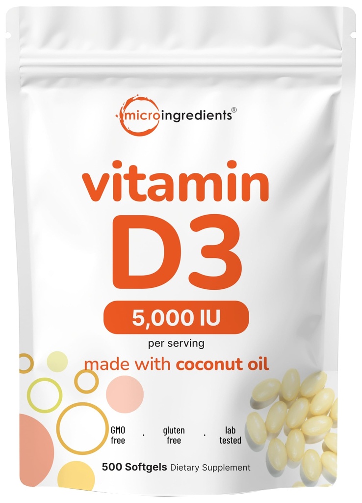 Micro Ingredients Vitamin D3 5.000 IU, 500 Softgels | Virgin Coconut Oil | Cholecalciferol Form | Knochen, Immun- & Herz-Unterstützung | Einfach zu schlucken, Non-GMO