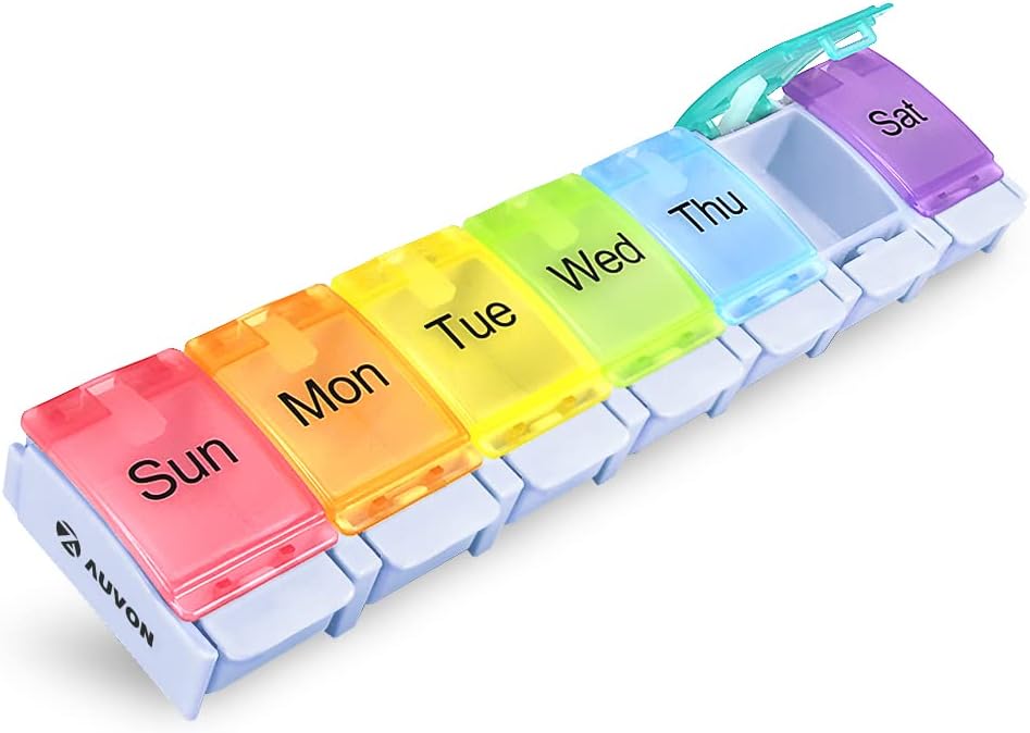 AUVON Wöchentliche Pille Organizer Arthritis Friendly, BPA Free Travel 7 Day Pill Box Case mit Spring Open Design und große Menge an Vitaminen, Cod Liver Öl, Ergänzungen und Medikamente zu halten