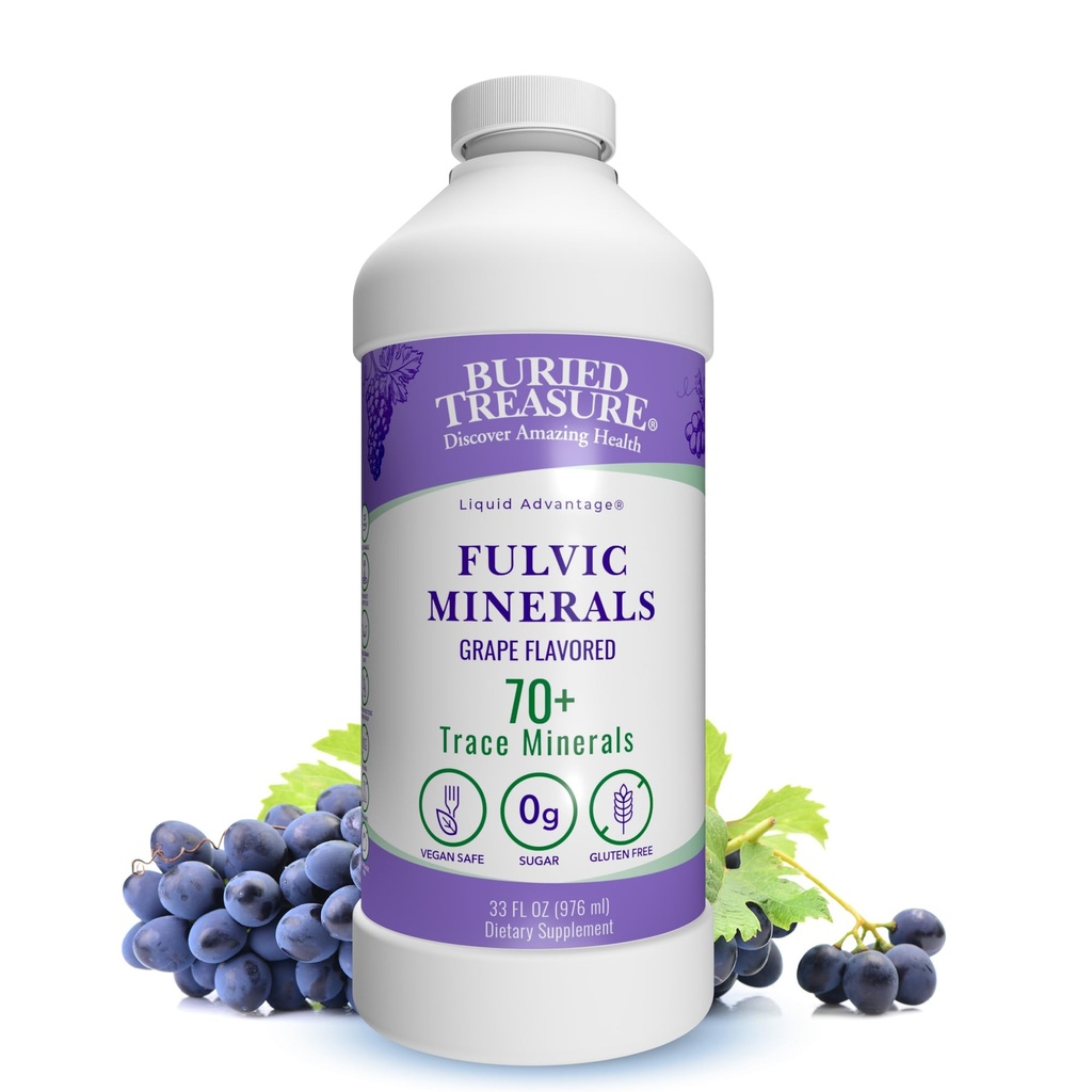 Buried Treasure Fulvic Minerals Grape Flavored – Kolloidale Mineralien aus Humic Fulvic Acid, Elektrolyte aus Trace Minerals for Recovery and Wellness Support. Zu Wasser hinzufügen – 32 Servietten