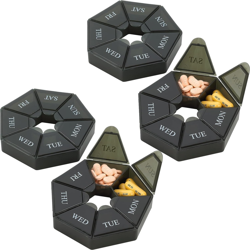 Organisateur hebdomadaire de pilules - (paquet de 4) Conteneur de pilules de 7 jours - Arthrite amicale Cas de voyage portable et compact Compartiment quotidien Pilules de médecine Boîte pour suppléments, médicaments, vitamines et huiles de poisson