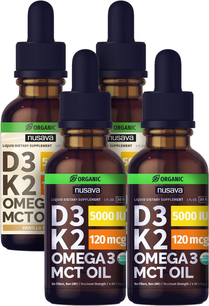 NUSAVA non aromatisé D3 K2 gouttes liquides et Vanille aromatisée D3 K2 gouttes liquides - Potent Vitamines liquides pour le coeur, les articulations, les os, les muscles et le soutien immunitaire - Non-OGM, sans gluten, 2pk Chaque