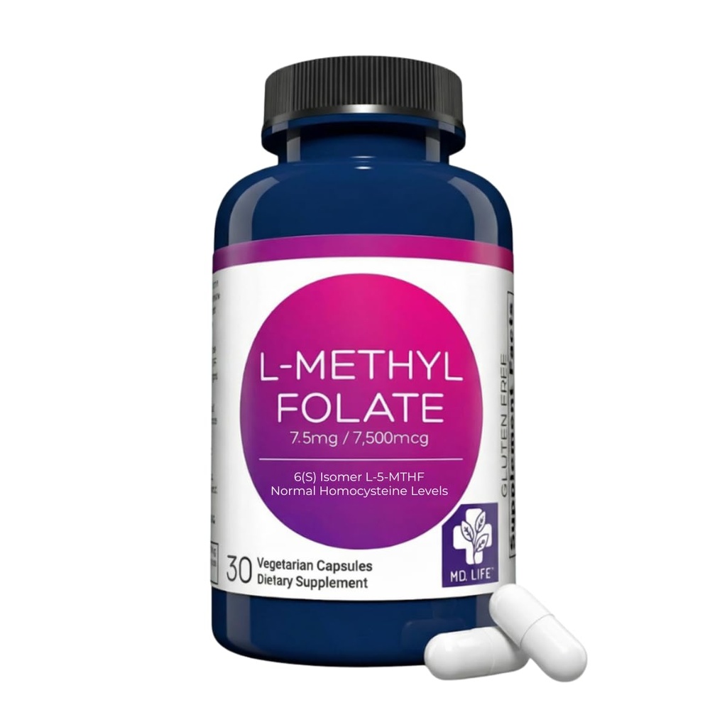 MD Life L-méthylfolate 7,5 mg Supplément - Supplément de méthylfolate actif de grade professionnel - 30 capsules - L-méthylfolate 7,5 mg - Potence maximale MTHFR W/ Acides aminés essentiels