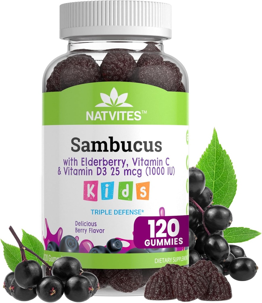 Black Sambucus Elderberry Gummies für Kinder – Immununterstützungsergänzung mit Vitamin C und Vitamin D3 für Immunität Boost – Vegetarisch, Non-GMO, Glutenfrei, Mutter und Dairy Frei – 120 Gummi (Pack 1)