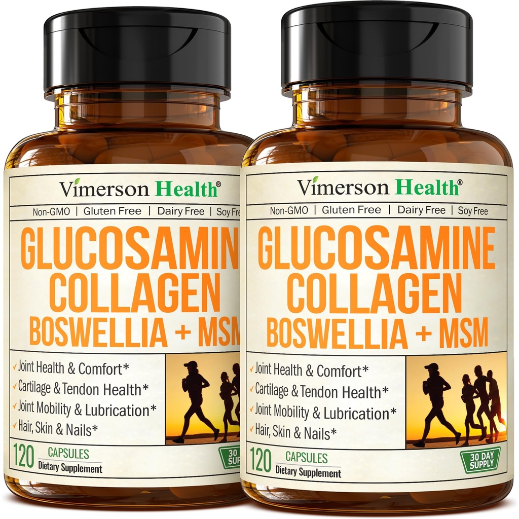 Glucosamin Chondroitin MSM mit hydrolysierten Collagen Peptiden - Joint Support Supplement mit Quercetin, Bromelain & Boswellia Extract - Collagen Pillen für Haarhautnägel - FSA Eligible 2 Pack