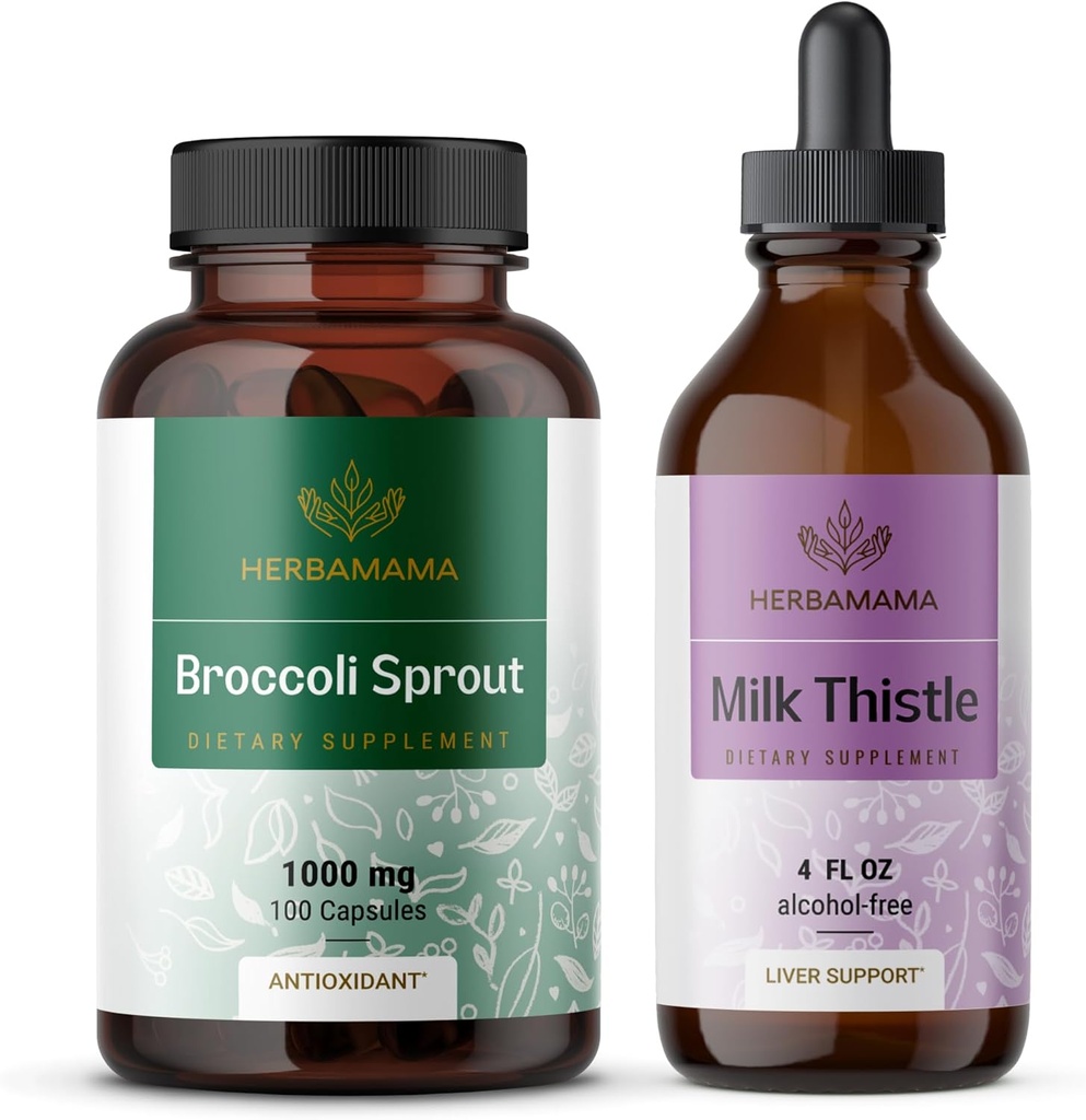 HERBAMA Broccoli Sprout und Milchdistel Kit - Bundle von 1000 mg Broccoli Sprout Kapseln & Milchdistelextrakt 4 fl oz - Vegan, Non-GMO, Zucker & Alkoholfrei - 2 Pack