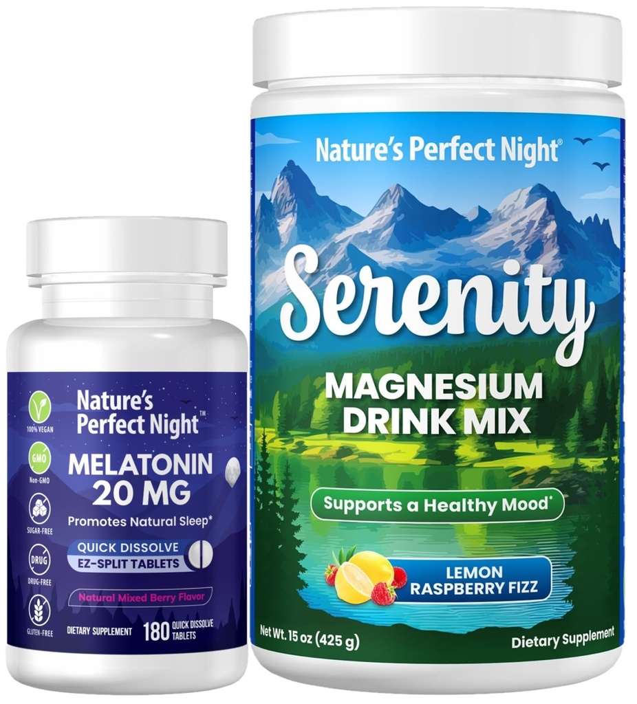 Nature's Perfect Night Melatonin 20mg Schnell auflösen Gemischte Berry 180 Zählen Sie mit Serenity Magnesium Pulver 15 oz Zitronen Himbeer